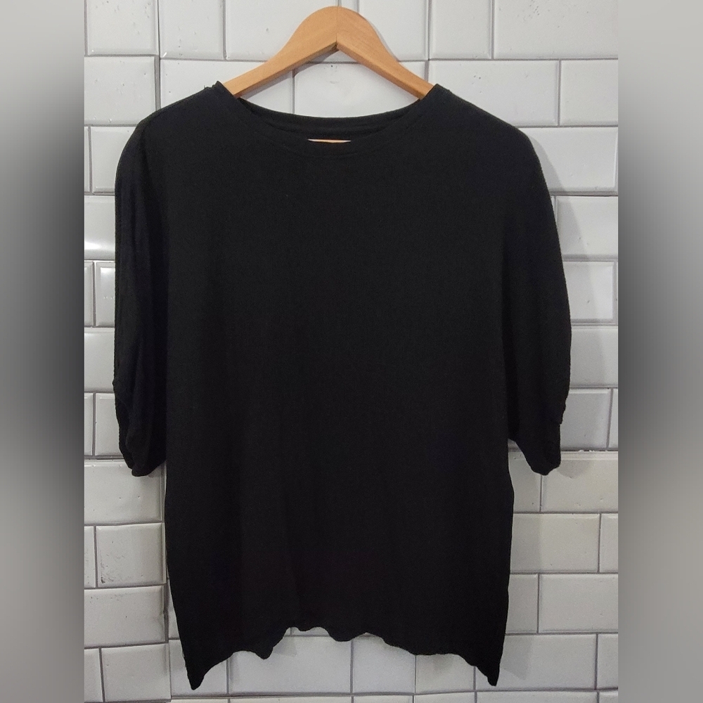 For Days Ladies Black Ribbed Textured Top Blouse Short Sleeve Crew Neck Dolman S